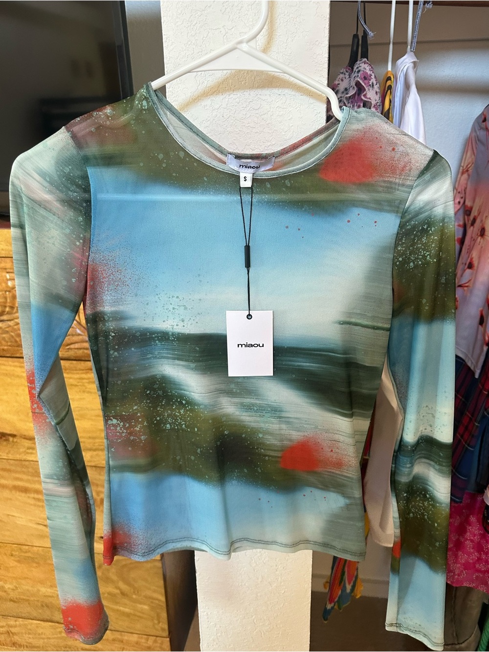Miaou Painterly Mesh Long Sleeve Top in Blue, Green & Red